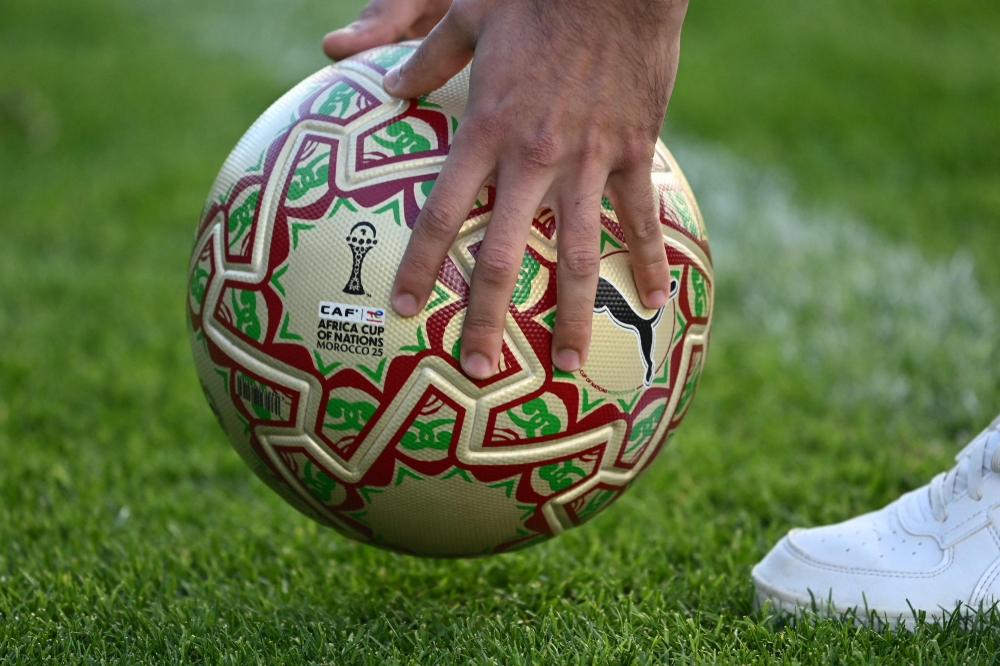 The golden ball, specially made for the final is seen ahead of a training session in Rabat on January 17, 2026, on the eve of the Africa Cup of Nations (CAN) final football match between Senegal and Morocco. (Photo by Sebastien Bozon / AFP)