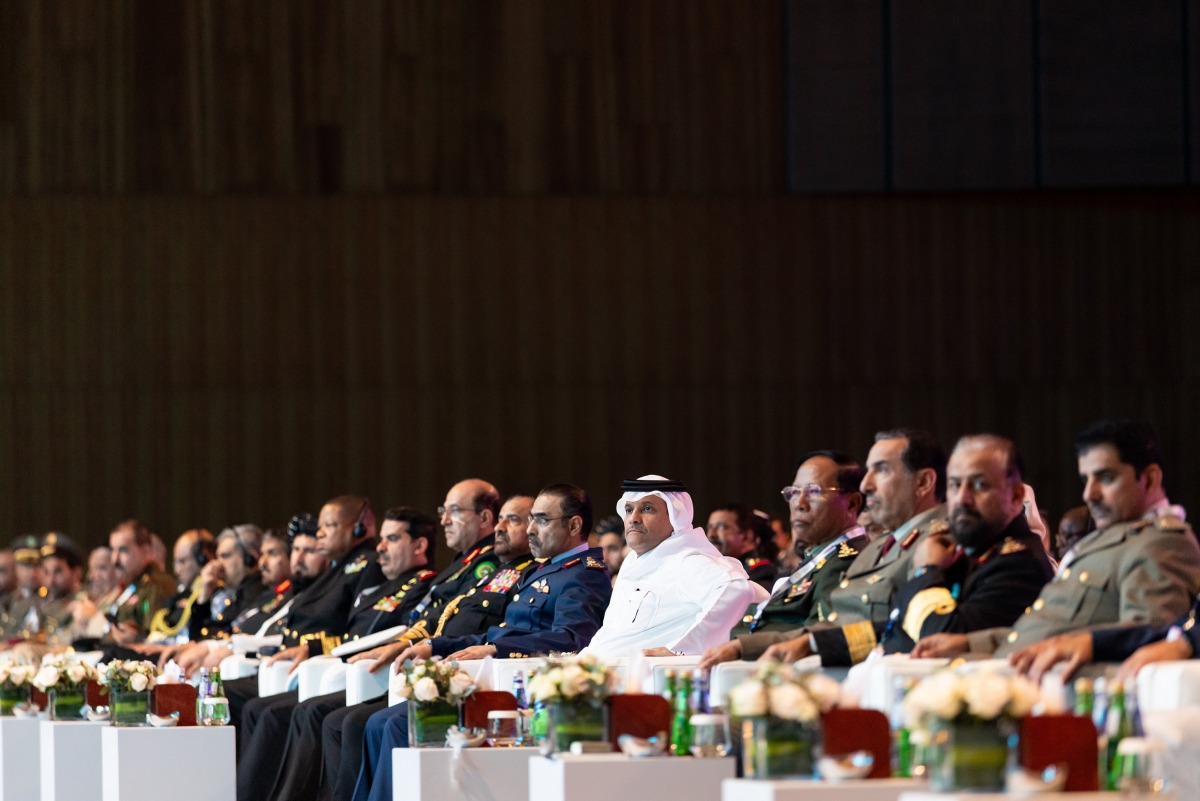 Deputy Prime Minister and Minister of State for Defence Affairs H E Sheikh Saoud bin Abdulrahman bin Hassan Al-Thani with top military officials from Qatar and abroad attending the conference. 