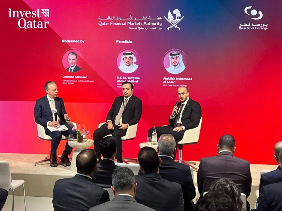 CEO of QFMA Dr. Tamy bin Ahmed Al-Binali and CEO of QSE Abdulla Mohammed Al Ansari during a panel discussion held at the World Economic Forum in Davos.