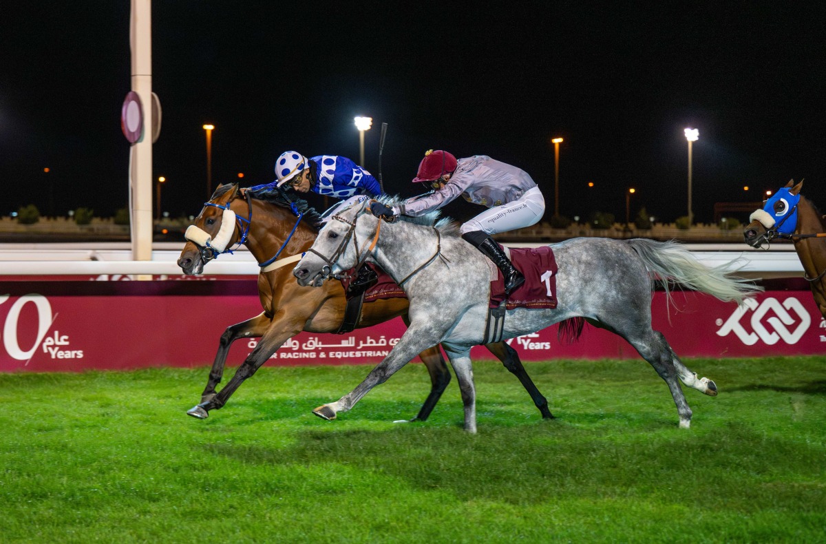 Arnaud De Lepine guides Jenkille Hipolyte towards the finish line to win Al Arish Cup. PIC: JUHAIM/QREC