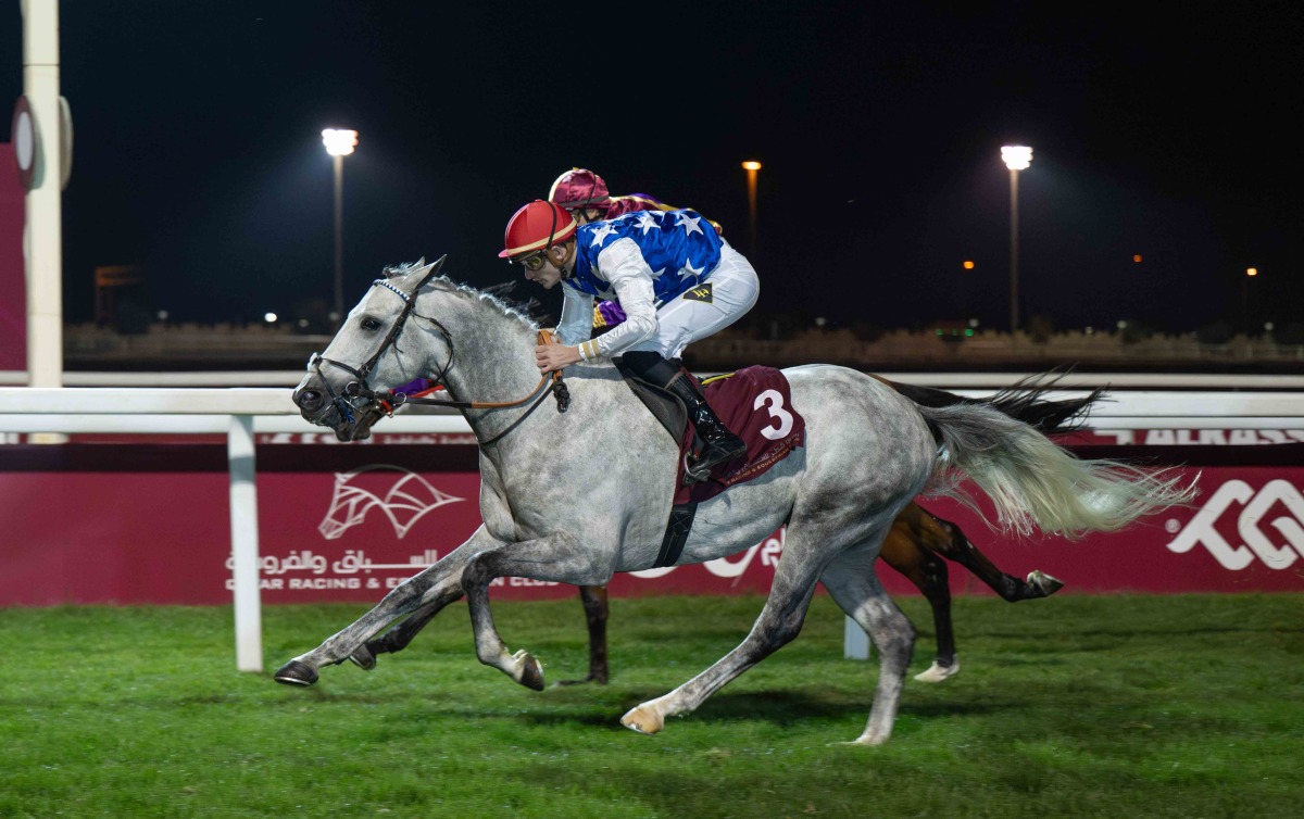 Caid Du Soleil and jockey Lukas Delozier on their way to win Al Judhay Cup. Pic: JUHAIM/QREC