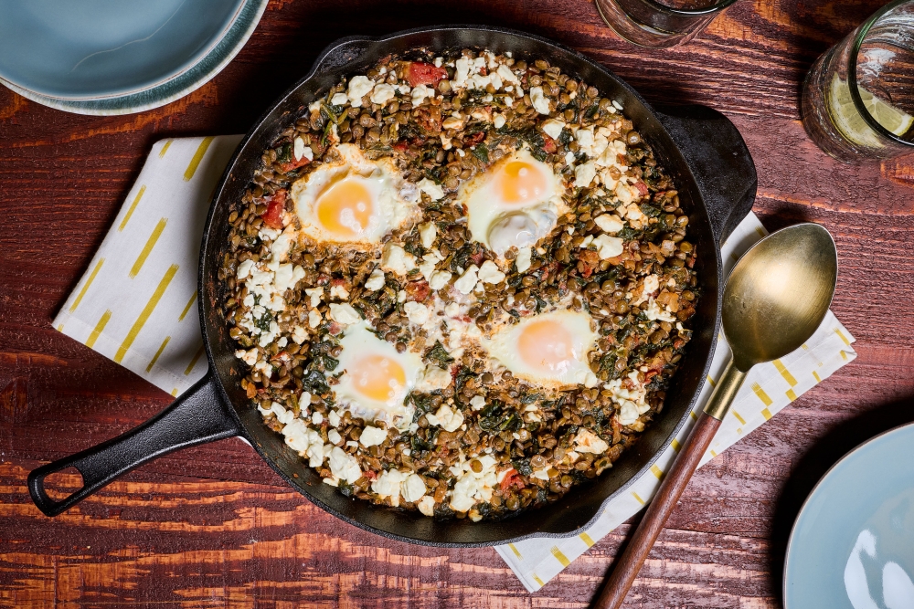 Lentil Skillet With Spinach, Tomato, Egg and Feta. Marvin Joseph/The Washington Post; food styling by Carolyn Robb