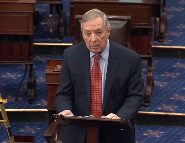 Screen grab of a video that shows Senator Dick Durbin, a Democrat from Illinois, on the Senate floor. 