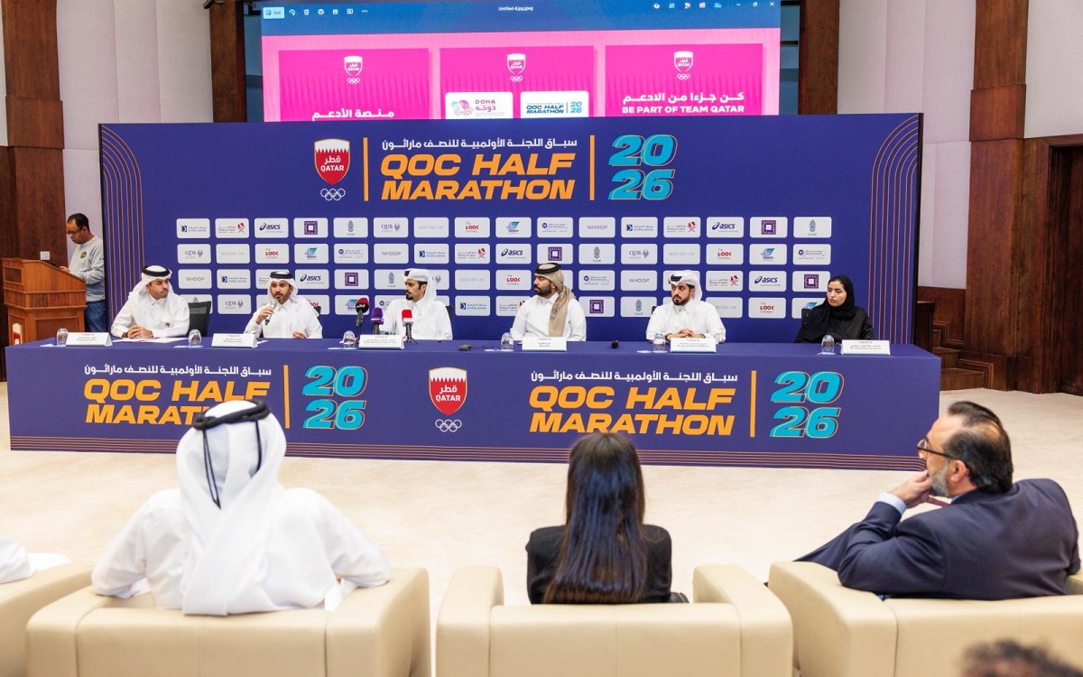 FROM LEFT: Press Conference Moderator Abdulla Mohamed Al Marri, Head of the Technical Committee Ahmed Al-Jaber, Half Marathon and Team Village Sheikh Abdullah bin Saud Al-Thani, Qatar Diar Logistics & Security Manager Abdulla Ibrahim Al-Fakhroo, QDB Marketing & Communication Senior Manager Ahmad Hassan Al-Mahasna, and Communication and Public Relations Director at the Ministry of Labour Maha Dahawi Al Shamari during a press conference at the QOC Headquarters yesterday.
