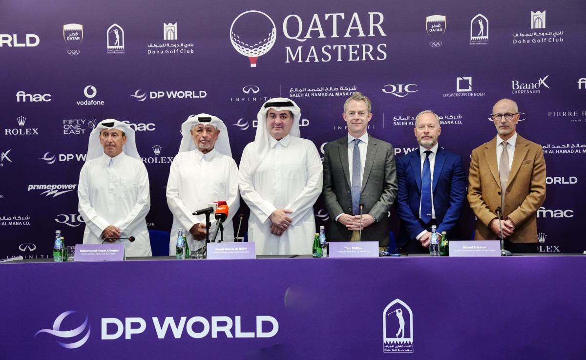 FROM LEFT: QGA Board Member Mohammed Faisal Al Naimi, QGA General Secretary Fahad Nasser Al Naimi, QGA President Hamad Al Mana, Head of Middle East for the DP World Tour Tom Phillips, DP World Tour Senior Tournament Director Mikael Eriksson and QGA Technical Director Mike Shoueiry at a press conference.    