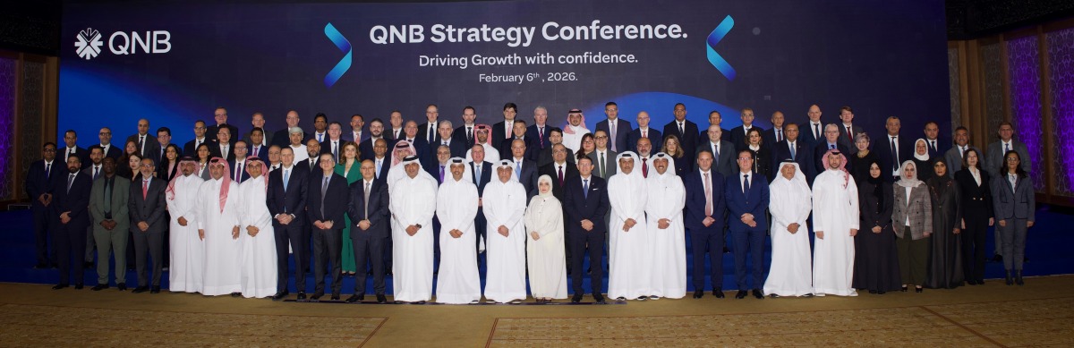 QNB Group CEO Abdulla Mubarak Al-Khalifa with other officials and staff during the annual Strategy Conference in Cairo, Egypt.