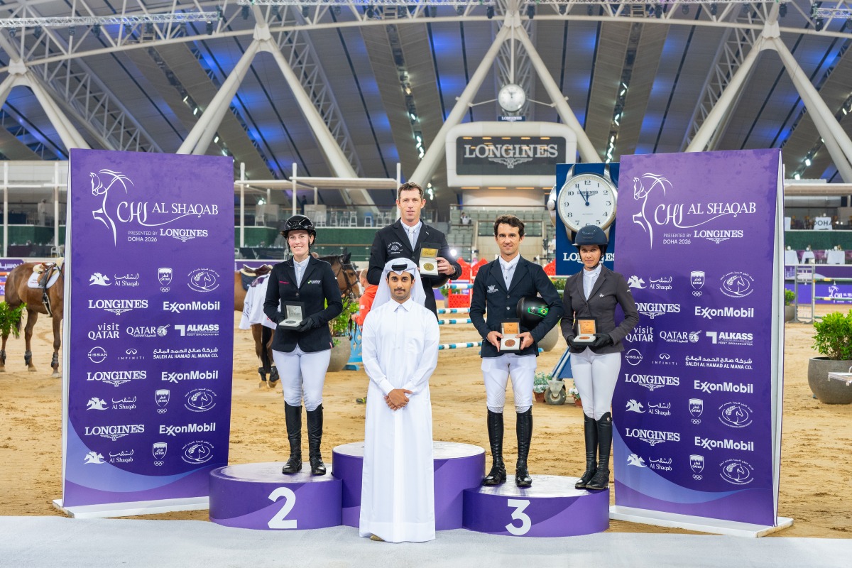 The podium winners of the CSI5 1.50m Faults & Time class, the feature event on opening day, pose for a photo. 