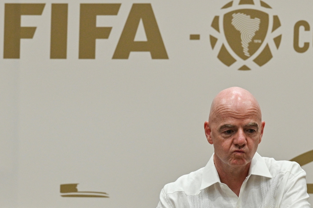 FIFA President Gianni Infantino gestures during his visit to the new Concentration Hotel of the Colombian Football Federation in Barranquilla, Colombia, on February 24, 2026. (Photo by David Salazar / AFP)
