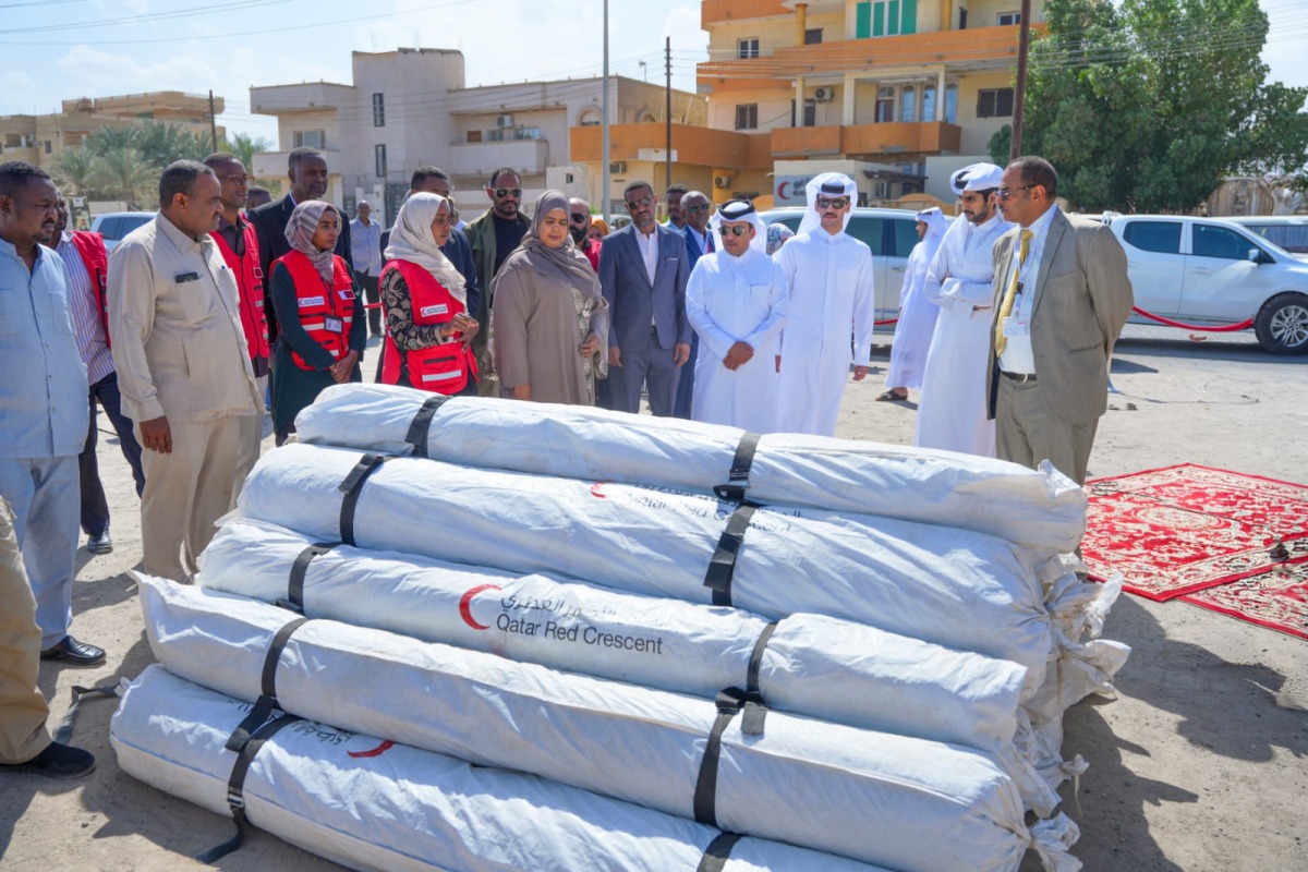 Ambassador of Qatar to Sudan H E Mohamed bin Ibrahim Al-Sada with other officials at the distribution centre of shelter tents.