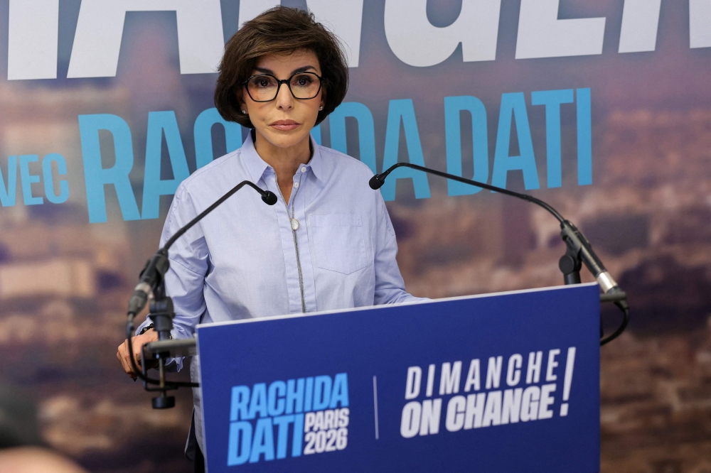 Right-wing Les Republicains (LR) party candidate in Paris, Rachida Dati delivers a speech in Paris on March 15, 2026. (Photo by Thomas Samson / AFP)