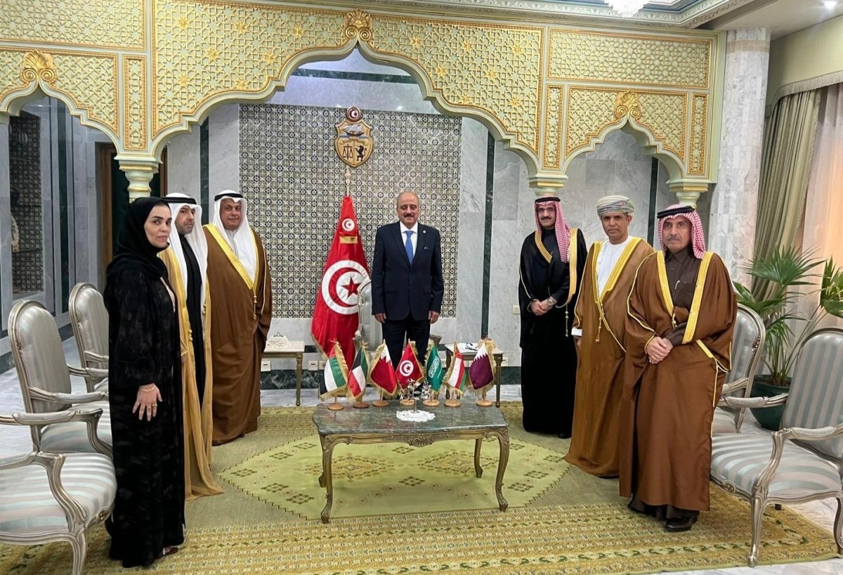 Ambassador of Qatar to Tunisia H E Zayed bin Saeed Al Khayarin with other participants during the meeting in Tunis.