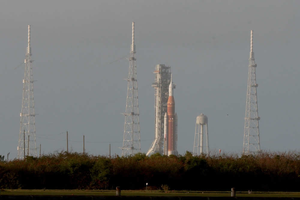 NASA's Artemis II Space Launch System rocket and Orion spacecraft sit on Launch Pad 39B at the Kennedy Space Center on March 30, 2026, in Cape Canaveral, Florida. Joe Raedle/Getty Images/AFP 