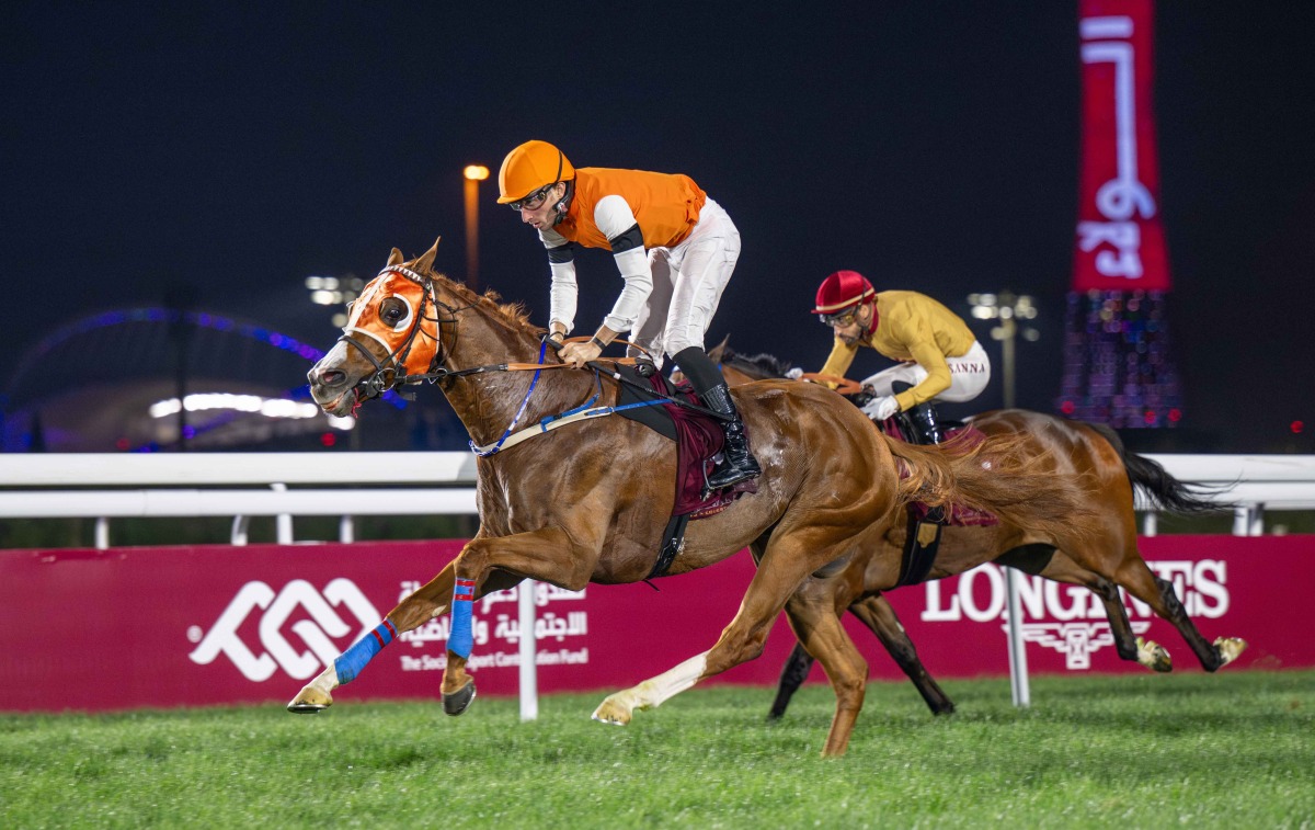 Rayyan Bu Thaila and jockey Pierre Charles Boudot on their way to win the Al Uqda Local Thoroughbred Trophy. PIC: JUHAIM/QREC