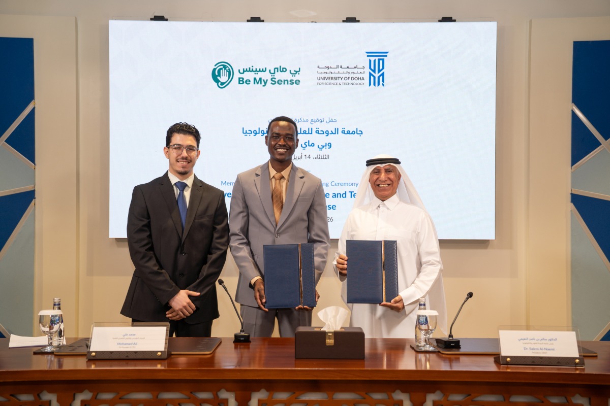 UDST president Dr. Salem Al-Naemi with ‘Be My Sense’ representatives during the signing of the contract.