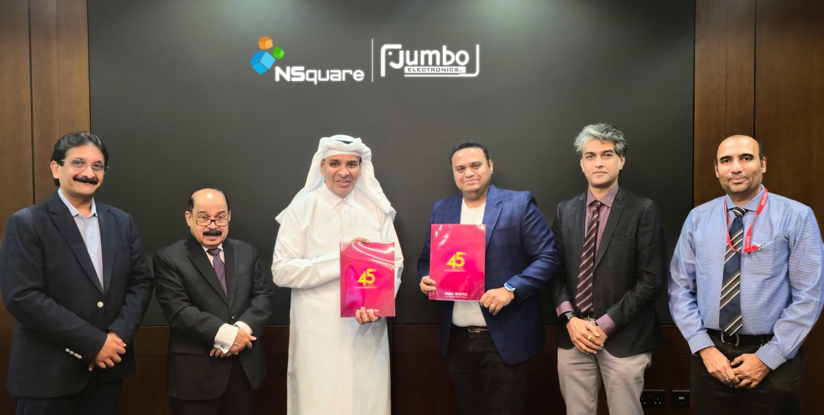 Vice Chairman and Managing Director of Jumbo Electronics Sajed Sulaiman, Director and CEO of Jumbo Electronics CV Rappai with officials from NSquare Xperts during the event.