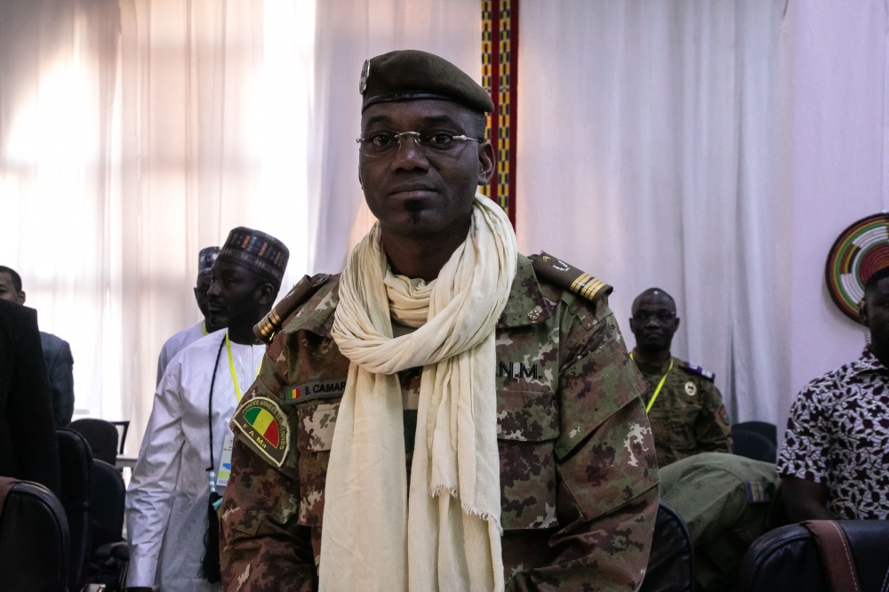 (FILES) Colonel Sadio Camara, Minister of Defense and Veterans of Mali, is seen at the meeting of Ministers of the Alliance of Sahel States (AES), Ouagadougou, (Photo by FANNY NOARO-KABRة / AFP)