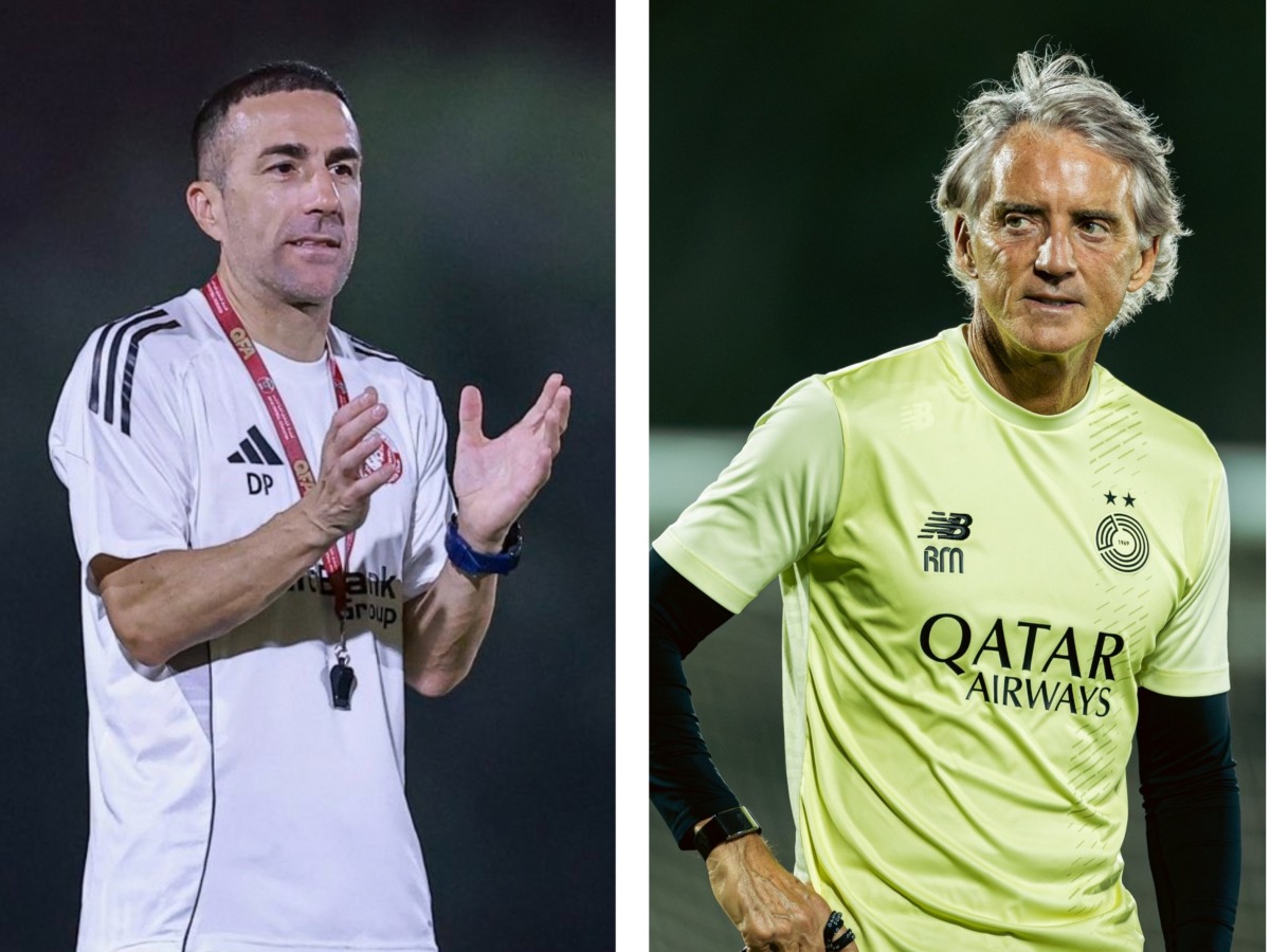 From left: Al Shamal coach David Prats and Al Sadd coach Roberto Mancini