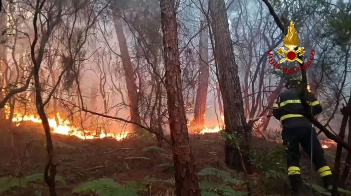 This photo taken and handout on May 1, 2026 by the Vigili del Fuoco, the Italian Corps. of Firefighters, shows firefighters trying to extinguish a major fire on Mount Faeta in the area between the provinces of Lucca and Pisa in the Tuscany region. (Photo by HANDOUT / Vigili del Fuoco / AFP) 