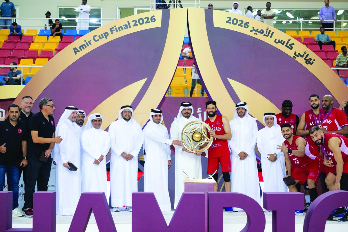 Qatar Olympic Committee President H E Sheikh Joaan bin Hamad Al Thani crowns Al Arabi Amir Basketball Cup champions. 