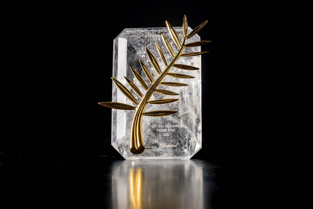 The Palme d'Or trophy is photographed at Chopard's high-jewelry workshops, in Meyrin near Geneva, on April 21, 2026. Photo by Fabrice COFFRINI / AFP