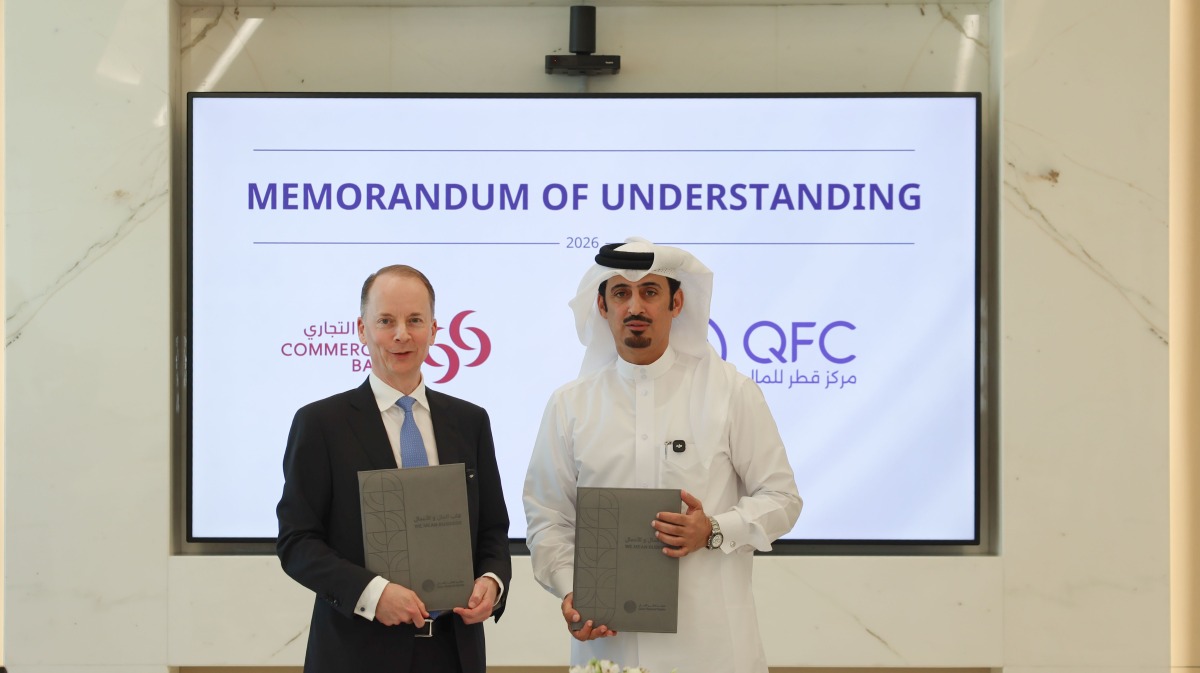Chief Executive Officer of QFC Mansoor Rashid Al-Khater and Group CEO of Commercial Bank Stephen Moss during the signing of MoU.