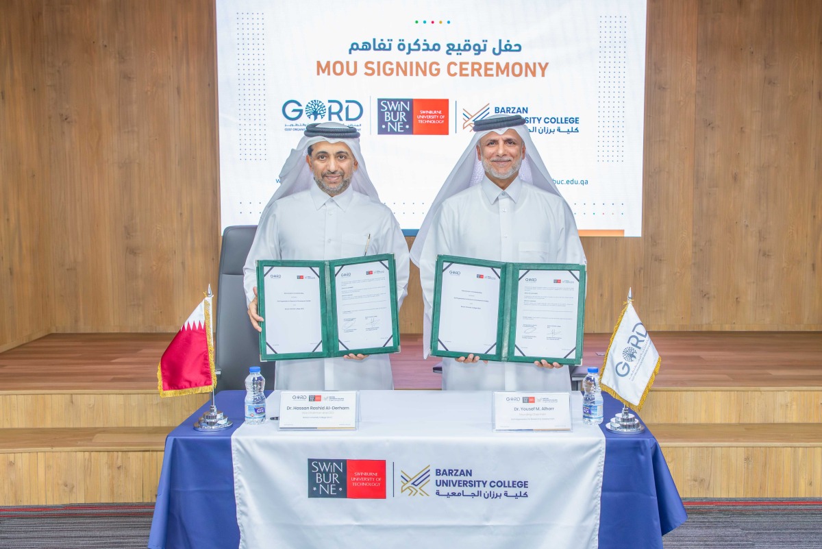 Founding Chairman of GORD Dr. Yousef Alhorr (right) and Vice Chairman of Barzan University College Dr. Hassan Rashid Al-Derham at the MoU signing ceremony.