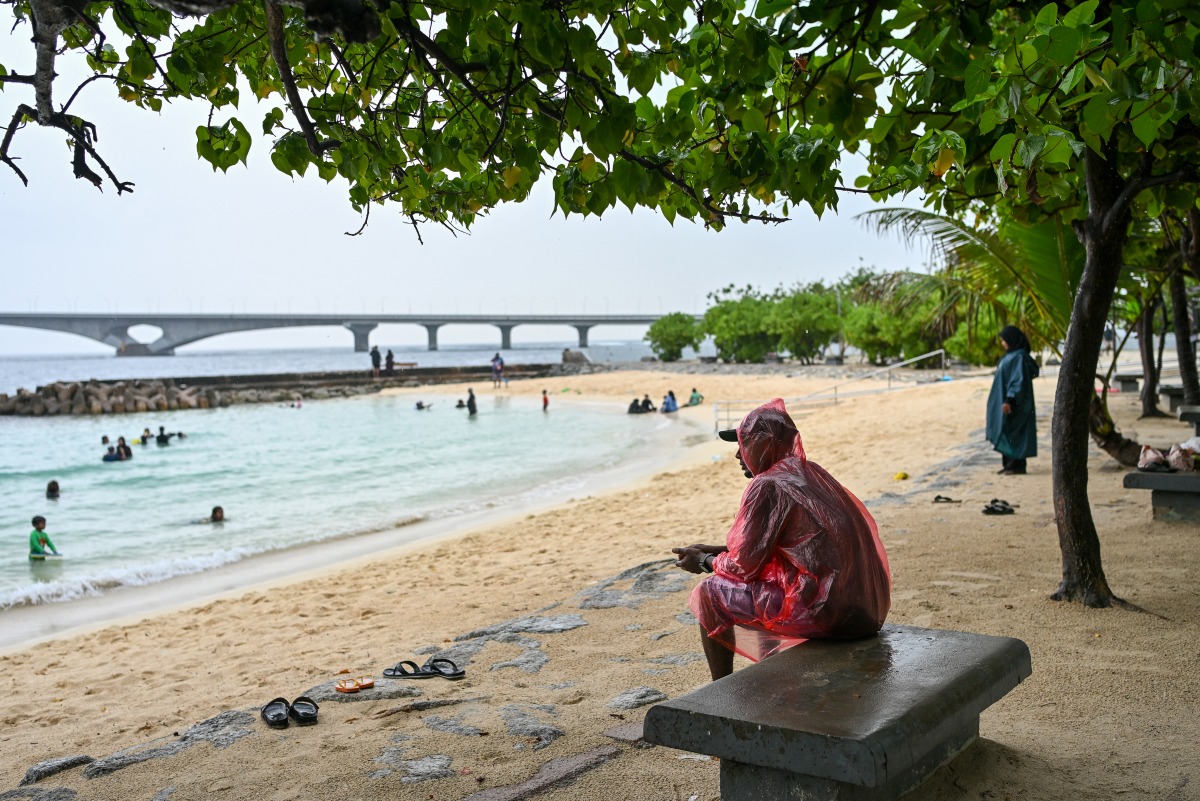 A man sits under a tree as it rains at Artificial Beach in Malé on May 15, 2026. Photo by MOHAMED AFRAH / AFP