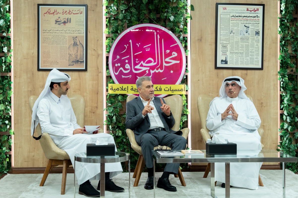 Strategic affairs researcher and media analyst Dr. Liqaa Makki and political researcher Dr. Saleh Al Mutairi with Qatar TV presenter Saif Al Emadi during the panel discussion. 