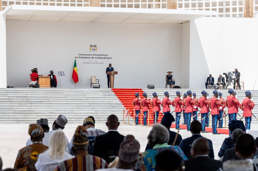 Benin president-elect Romuald Wadagni (C) delivers his remarks after being sworn in during his inauguration ceremony at the Palais des Congres in Cotonou on May 24, 2026. (Photo by yanick Folly / AFP)