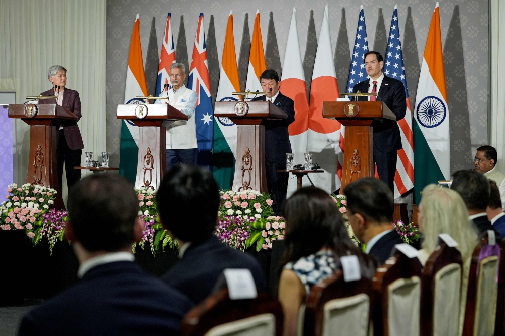 Australian Foreign Minister Penny Wong, India's Foreign Minister Subrahmanyam Jaishankar, Japan Foreign minister Toshimitsu Motegi and US Secretary of State Marco Rubio address a joint press conference after the Quad Foreign Ministers' meeting at the Hyderabad House in New Delhi . (Photo by Julia Demaree Nikhinson / POOL / AFP)