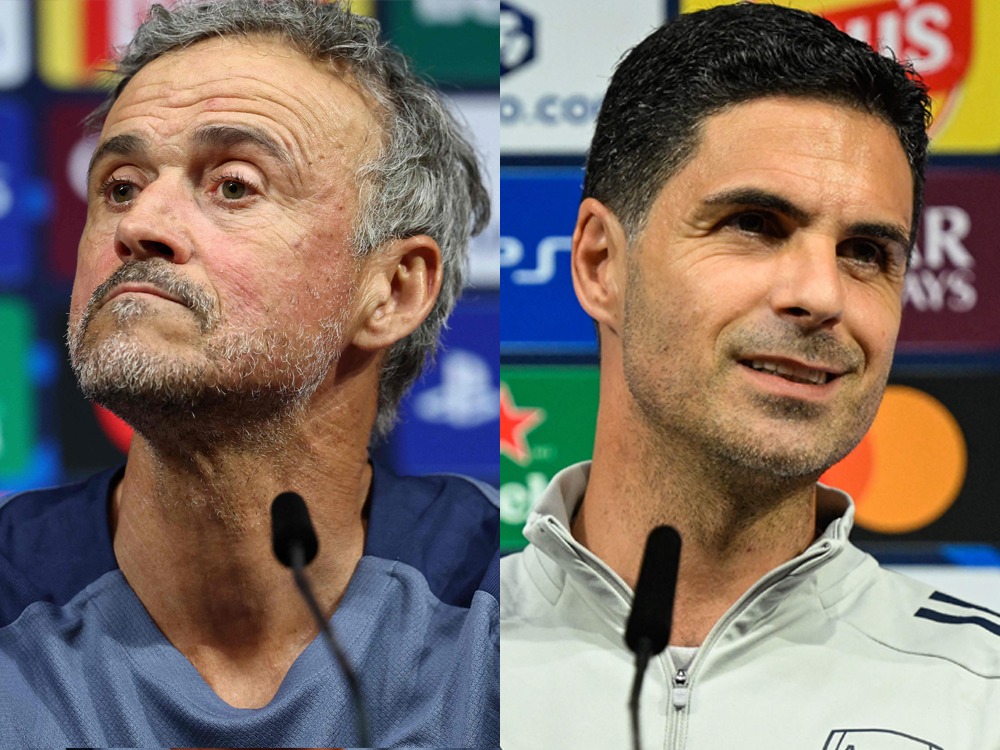 Paris Saint-Germain's Spanish headcoach Luis Enrique (L) and Arsenal's Spanish manager Mikel Arteta address a MD-1 press conference on May 29, 2026, the eve of the UEFA Champions League final football match between Paris Saint-Germain (PSG) and Arsenal at the Puskas Arena in Budapest. (AFP)