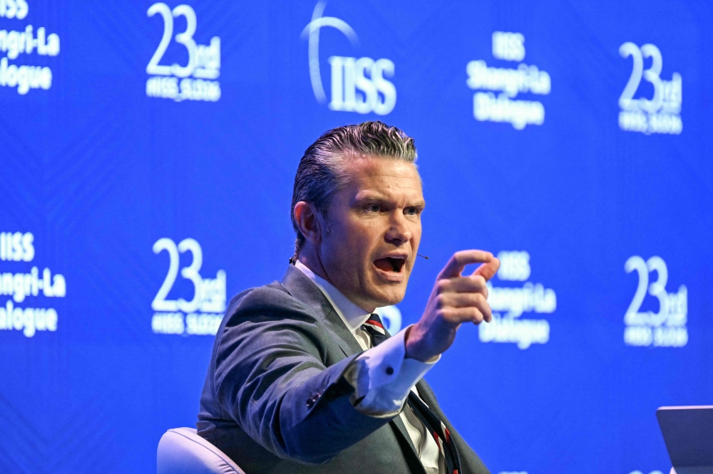 US Secretary of Defence Pete Hegseth speaks during a plenary session of the 23rd Shangri-La Dialogue summit in Singapore on May 30, 2026. (Photo by Jam Sta Rosa / AFP)