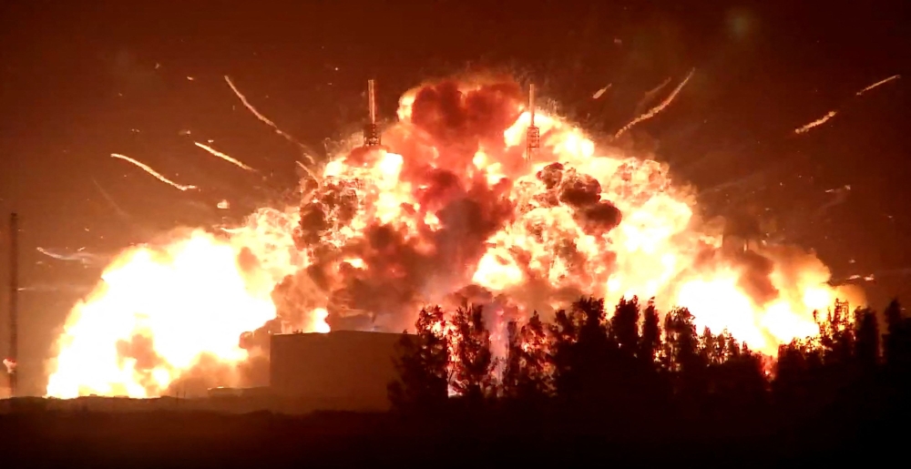 This screen grab shows fire as the uncrewed Blue Origin's New Glenn rocket explodes during a test on a launchpad at Cape Canaveral Space Force Station in Cape Canaveral, Florida, on May 28, 2026. (Photo by NASASpaceflight.com / AFP)