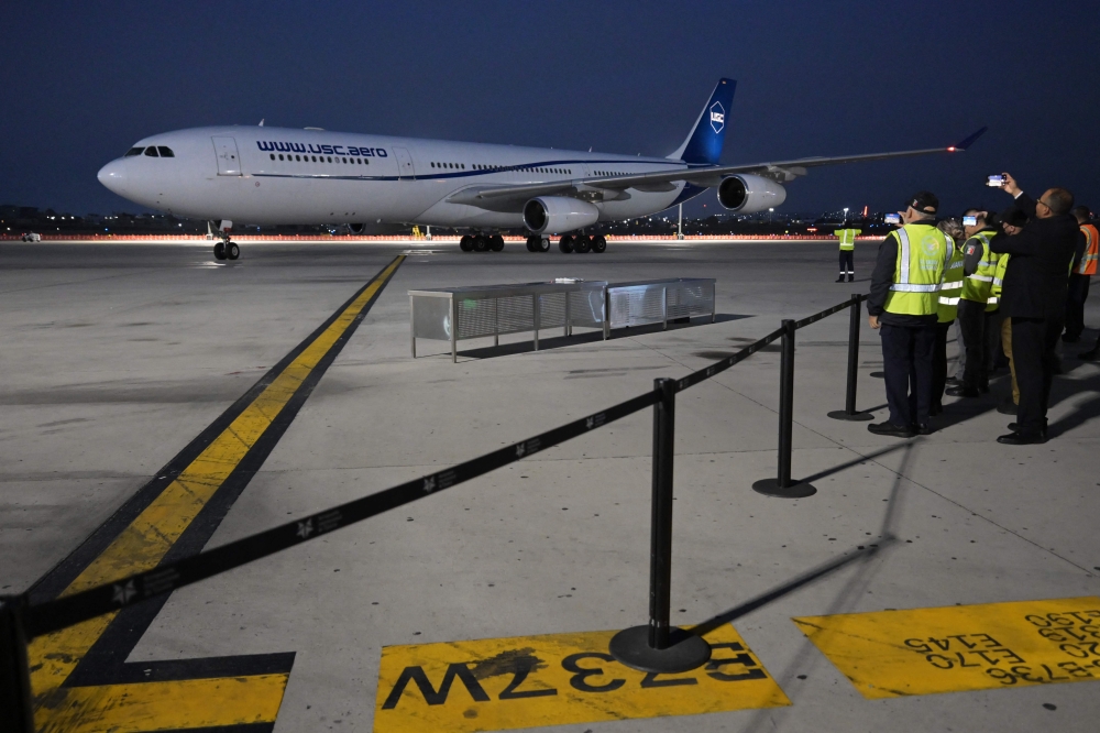 The plane carrying Iran's football team players lands at the Tijuana International Airport in Tijuana, Mexico on June 7, 2026. (Photo by Guillermo Arias / AFP)