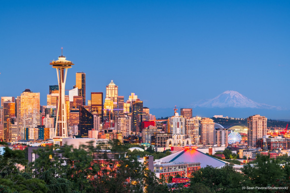 The Seattle skyline with Mount Rainier in the distance.