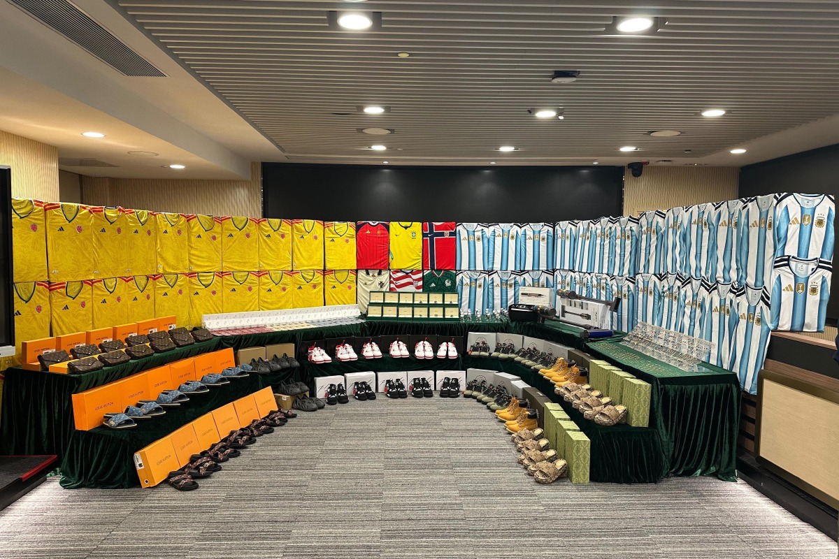 This handout photo released on June 11, 2026, by the Hong Kong Customs and Excise Department shows suspected counterfeit football jerseys and other goods related to World Cup teams seized by authorities in Hong Kong. Photo by HANDOUT / HONG KONG CUSTOMS AND EXCISE DEPARTMENT / AFP