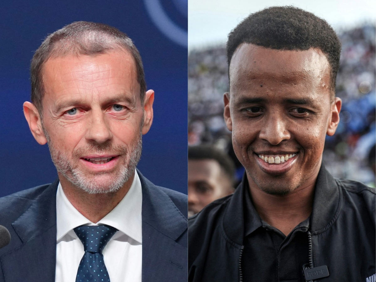 This combination of files pictures created on June 11, 2026 shows UEFA president Aleksander Ceferin addressing a press conference at the 50th UEFA Ordinary Congress in Brussels on February 12, 2026 and Somali international referee Omar Abdulkadir Artan reacting as he is welcomed by supporters ahead of a solidarity football match after returning to Somalia in Mogadishu on June 10, 2026. Photo by Pau BARRENA and Hassan Ali Elmi / AFP