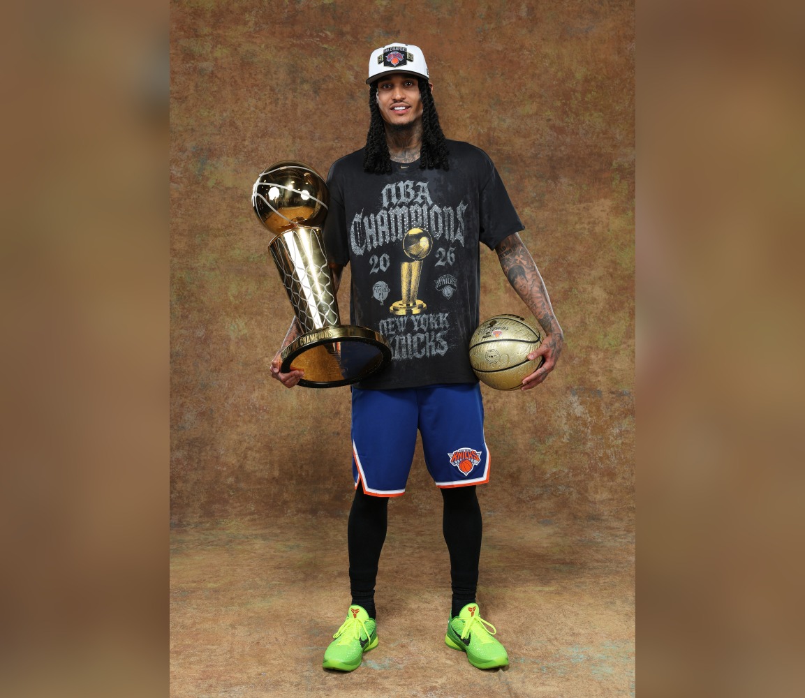 Jordan Clarkson #00 of the New York Knicks poses for a portrait after winning Game Five of the 2026 NBA Finals against the San Antonio Spurs on June 13, 2026 at Frost Bank Center in San Antonio, Texas. Photo by NATHANIEL S. BUTLER / NBAE / GETTY IMAGES / GETTY IMAGES VIA AFP