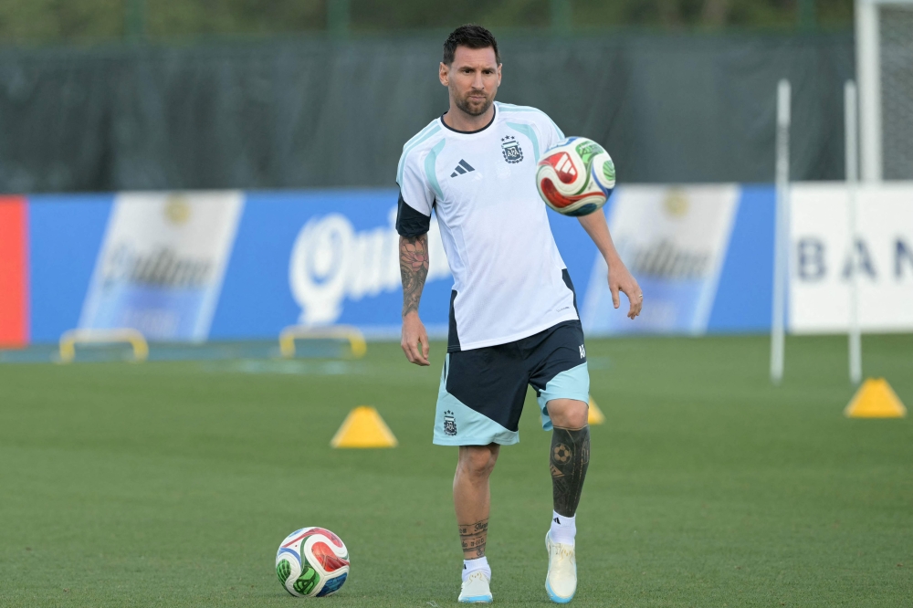 Argentina's forward #10 Lionel Messi eyes the ball as he takes part in an MD-1 training session at Sporting KC Training Centre in Kansas City, on June 15, 2026, on the eve of the 2026 World Cup Group H football match between Argentina and Algeria. (Photo by Juan Mabromata/ AFP)