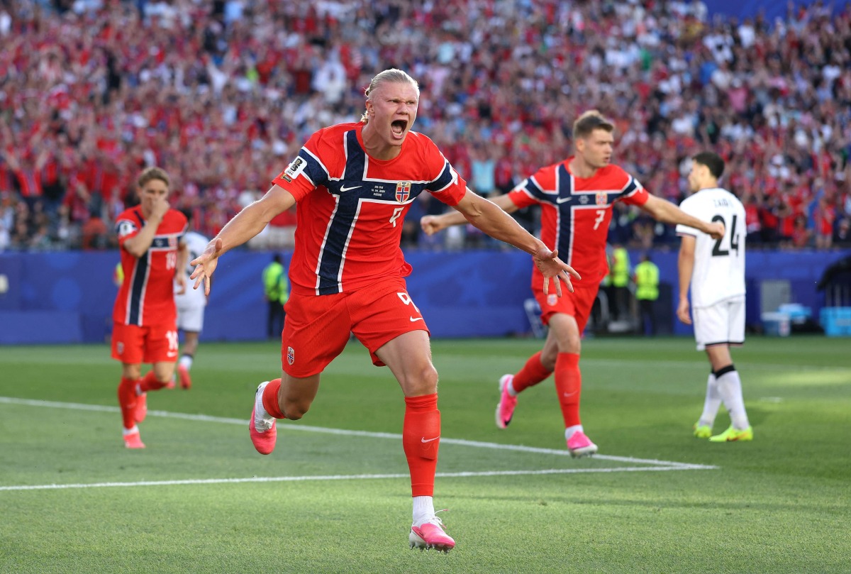 Erling Haaland #9 of Norway celebrates scoring his team's first goal during the FIFA World Cup 2026 Group I match between Iraq and Norway at Boston Stadium on June 16, 2026 in Foxborough, Massachusetts. (Photo by Justin Setterfield / GETTY IMAGES NORTH AMERICA / Getty Images via AFP)