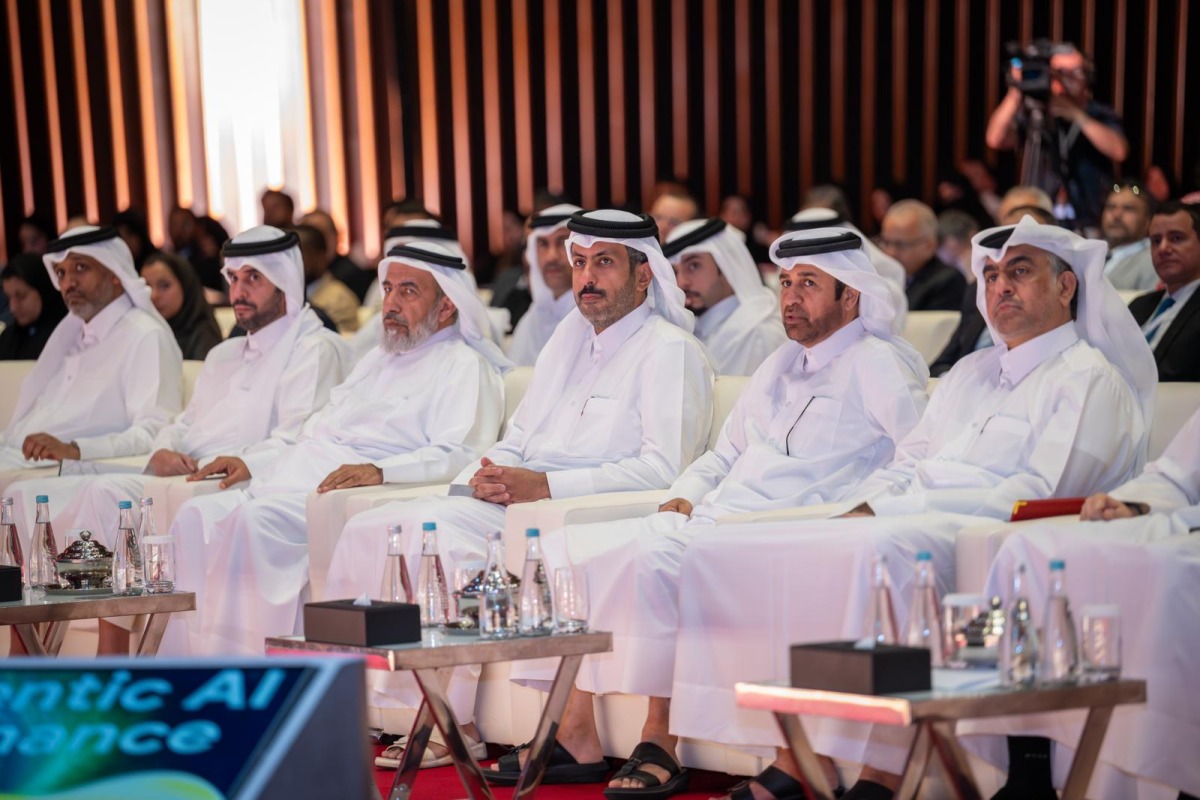 Minister of Endowments (Awqaf) and Islamic Affairs H E Ghanem bin Shaheen bin Ghanem Al Ghanim, Minister of Commerce and Industry H E Sheikh Faisal bin Thani bin Faisal Al Thani and Chairman of the Organizing Committee and Vice Chairman of Bait Al-Mashura Finance Consultations Prof. Dr. Khalid bin Ibrahim Al-Sulaiti with other dignitaries during the conference yesterday.