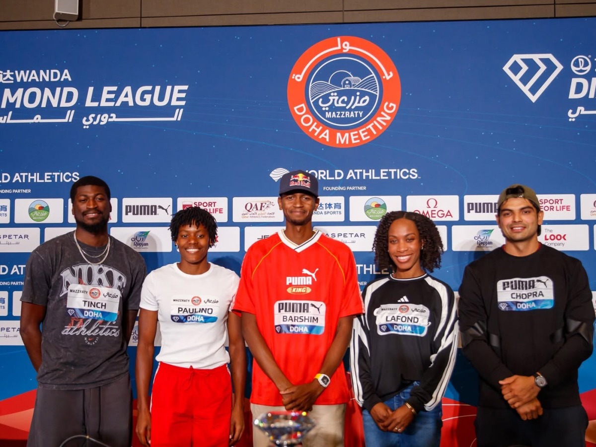 FROM LEFT: World 110m hurdles champion Cordell Tinch, Olympic women's 400m champion Marileidy Paulino, Qatar's three-time world champion and Tokyo Olympic gold winning high jumper Mutaz Barshim, Olympic triple jump champion Thea Lafond and India's former Olympic and world champion javelin thrower Neeraj Chopra pose for a photo following a press conference.