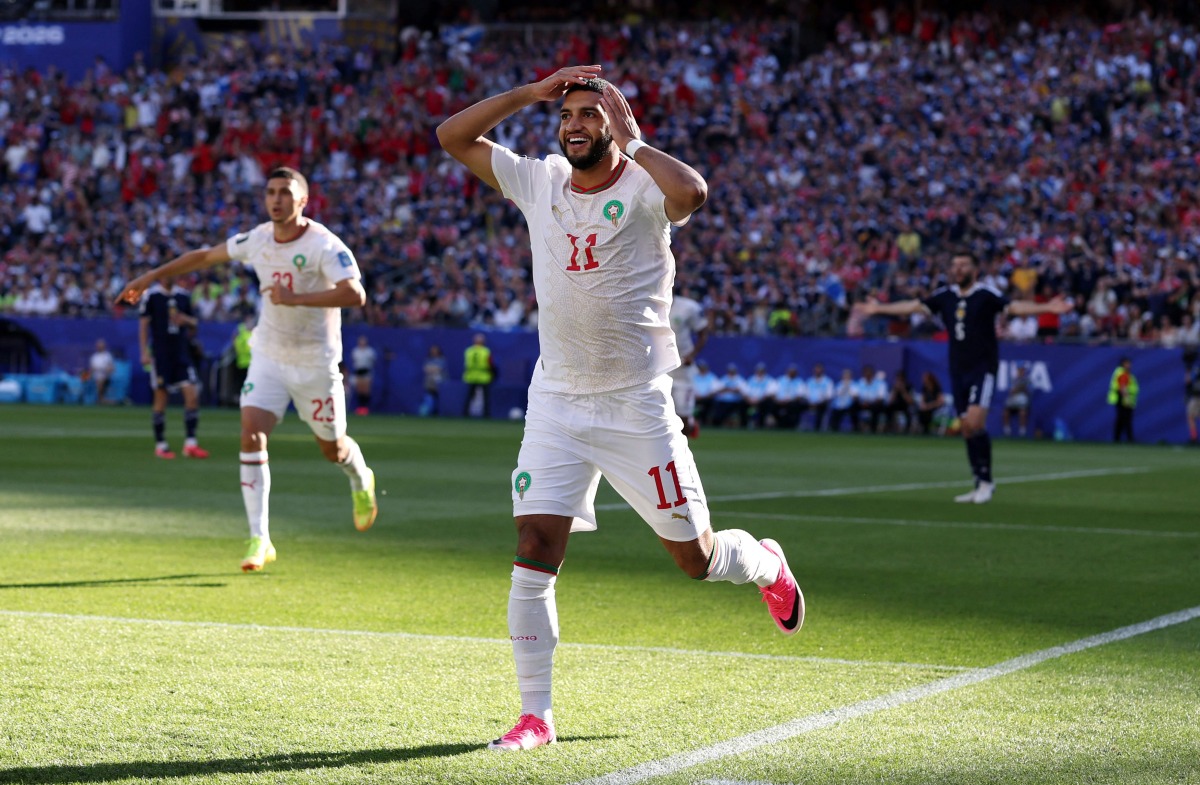 Ismael Saibari #11 of Morocco celebrates after scoring his team's first goal during the FIFA World Cup 2026 Group C match between Scotland and Morocco at Boston Stadium on June 19, 2026 in Foxborough, Massachusetts. (Photo by Justin Setterfield / GETTY IMAGES NORTH AMERICA / Getty Images via AFP)