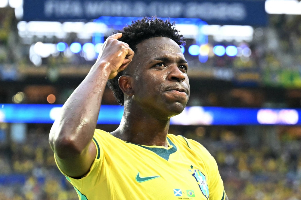 Brazil's forward #07 Vinicius Junior celebrates after scoring his team's second goal during the 2026 World Cup Group C football match between Scotland and Brazil at the Miami Stadium in Miami Gardens on June 24, 2026. (Photo by Chandan Khanna / AFP)