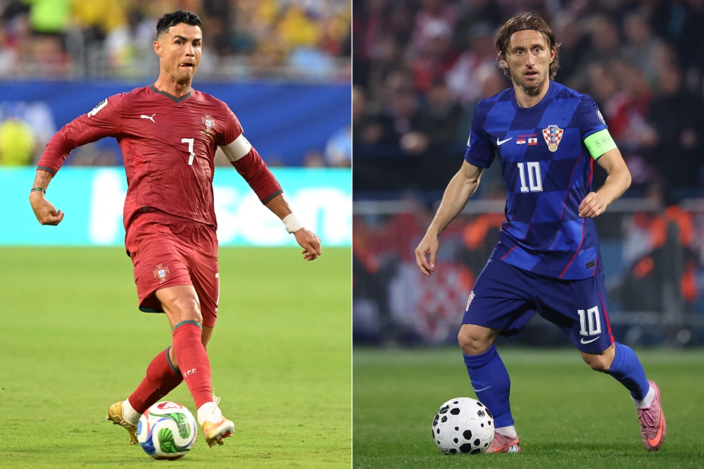 This combination of pictures created on July 1, 2026, shows Portugal's forward #07 Cristiano Ronaldo (L) in Miami Gardens on June 27, 2026; and Croatia's midfielder #10 Luka Modric (R) running with the ball in Zagreb on October 12, 2025. (Photo by Roberto Schmidt / AFP)
 