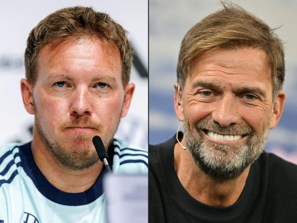 Combination pictures created on July 03, 2026 shows then Germany's head coach Julian Nagelsmann (L) on May 27, 2026 and Jurgen Klopp, Red Bull's new 