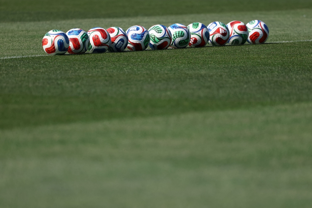 Trionda balls are arranged in a line during a France's MD-1 training session at Bentley University in Waltham, near Boston, on July 8, 2026. (Photo by Franck Fife / AFP)
 