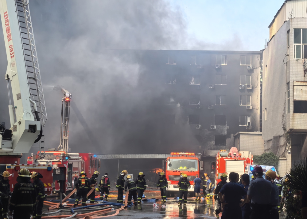 Firefighters work after a fire broke out at a footwear factory in Jiangtou Village, Chendai Township of Jinjiang City, southeast China's Fujian Province, on July 9, 2026. (Zheng Liang/Xinhua)
 