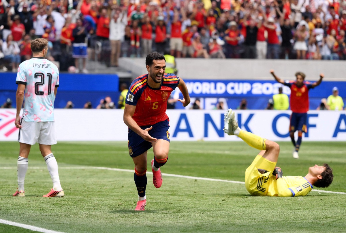 Mikel Merino #6 of Spain celebrates scoring his team's second goal during the FIFA World Cup 2026 Quarter Final match between Spain and Belgium at Los Angeles Stadium on July 10, 2026 in Inglewood, California. (Photo by David Ramos / GETTY IMAGES NORTH AMERICA / Getty Images via AFP)