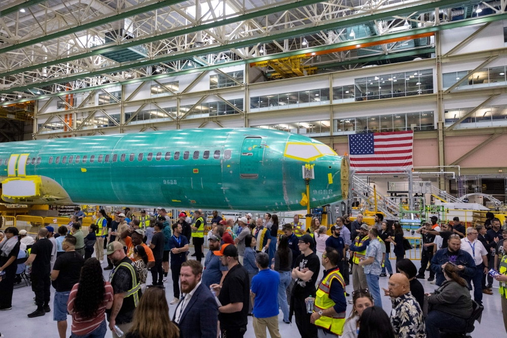A Boeing 737 MAX 10 fuselage is pictured during the opening ceremony for the company's new North Line assembly line, which will produce 737 MAX aircraft, at the Boeing Everett Factory in Everett, Washington, on July 10, 2026. (Photo by Jason Redmond / AFP)  
